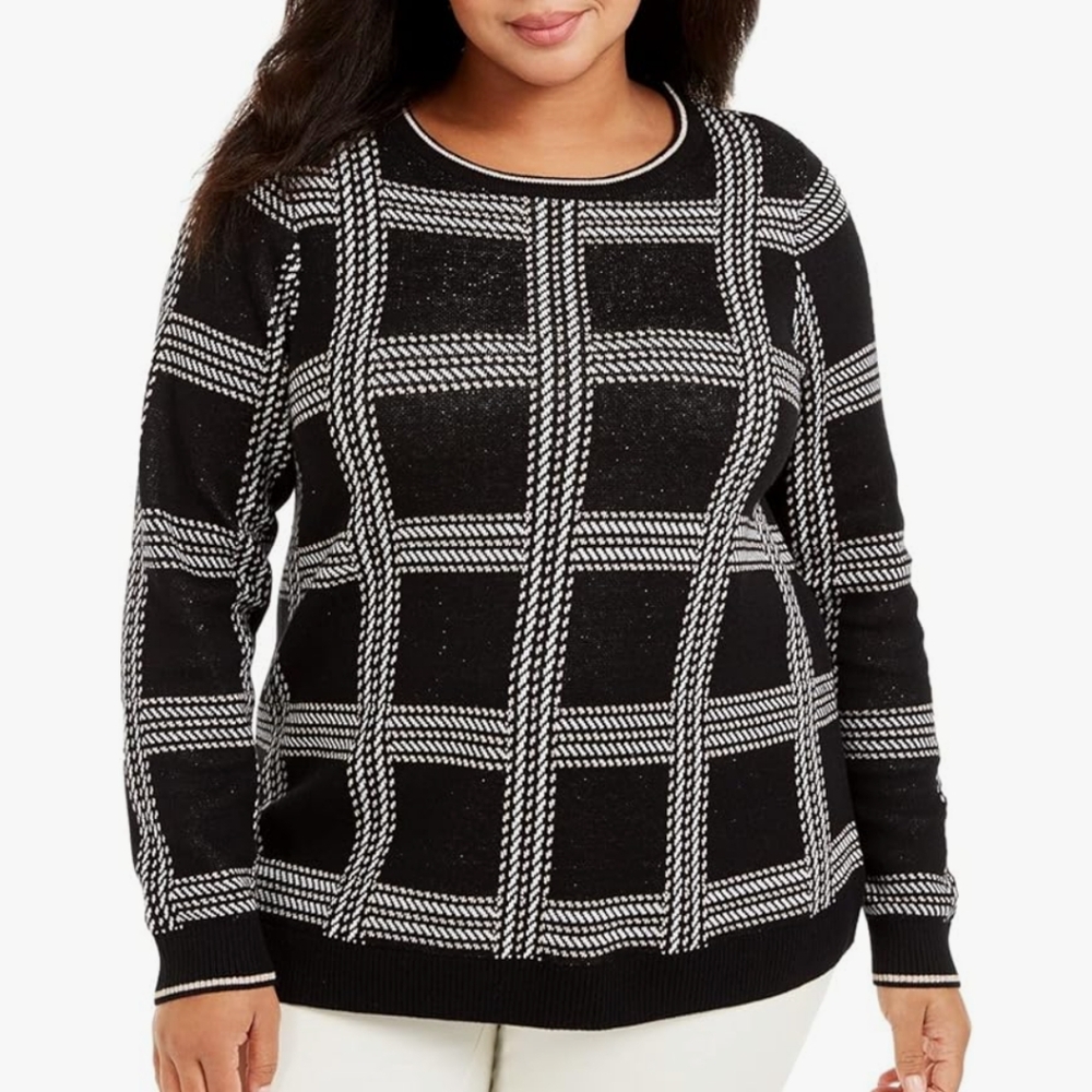 Charter Club Sweater Plaid Metallic Windowpane Black‎ White Beige 1X Crew Neck - Picture 9 of 9